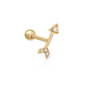 A stylish gold arrow pierced with Zirconia, resembling a Cupid Cartilage Earring.