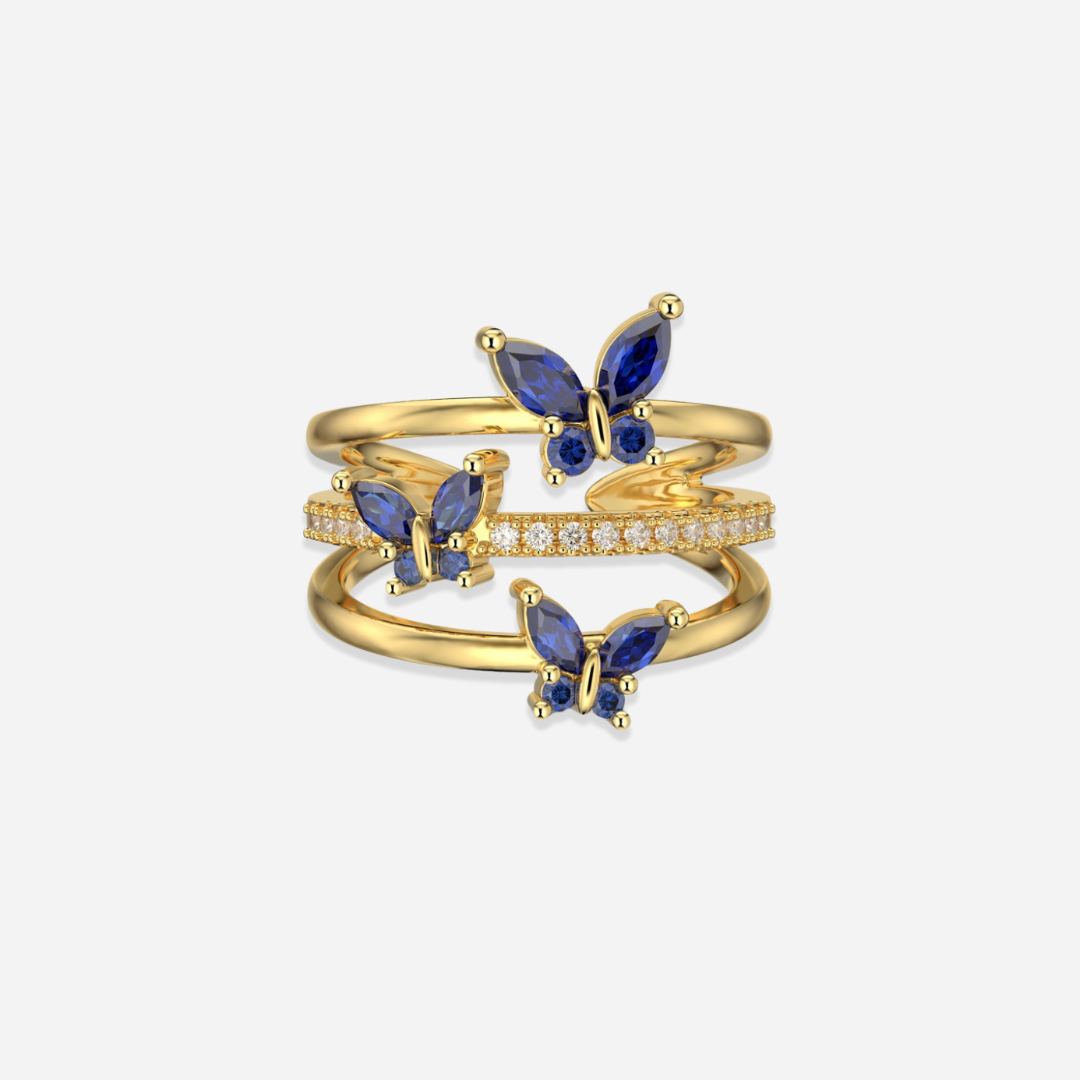 Kia Three Layers Butterfly Ring  layered ring J’Adore Jewelry Gold-Blue